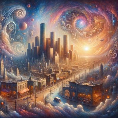 The primary subject of the image is a futuristic cityscape with a mix of buildings, vehicles, and other elements. The setting is a city with a skyline, and the visual style is a combination of digital art and illustration. The colors and mood of the image are vibrant and dynamic, with a focus on the city's architecture and the various elements that make up the scene.